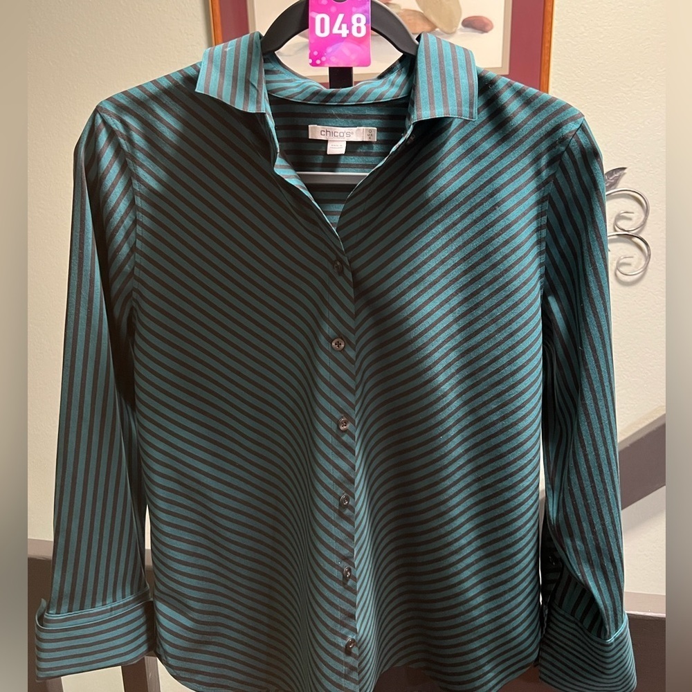 NWOT Chico's Teal and Black Striped Shirt #048